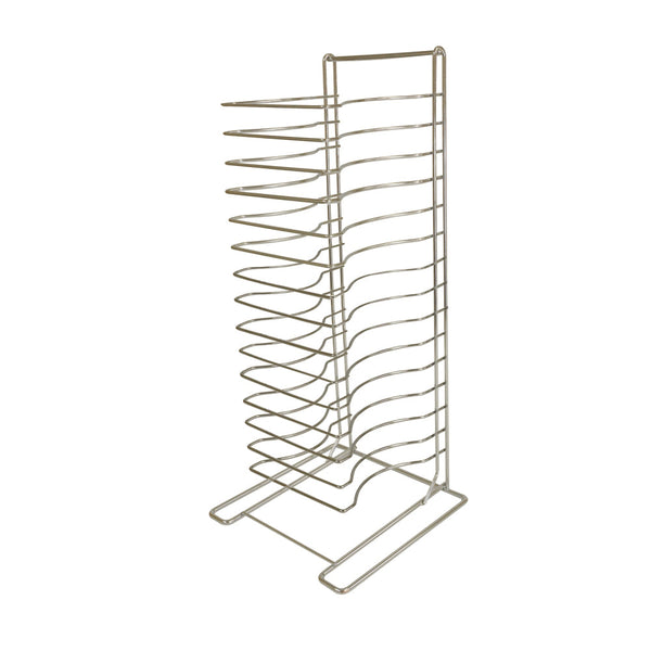 Thunder Group 15-Tier Pizza Pan Rack is a high-quality pizza pan rack designed for commercial kitchens and pizzerias, crafted to handle high-volume operations efficiently. With dimensions of 12 inches in length, 12 inches in width, and 27-3/4 inches in height, this rack features 15 tiers, providing ample space to organize and store multiple pizza pans simultaneously. The welded construction ensures durability and stability, making it suitable for heavy use in busy environments.