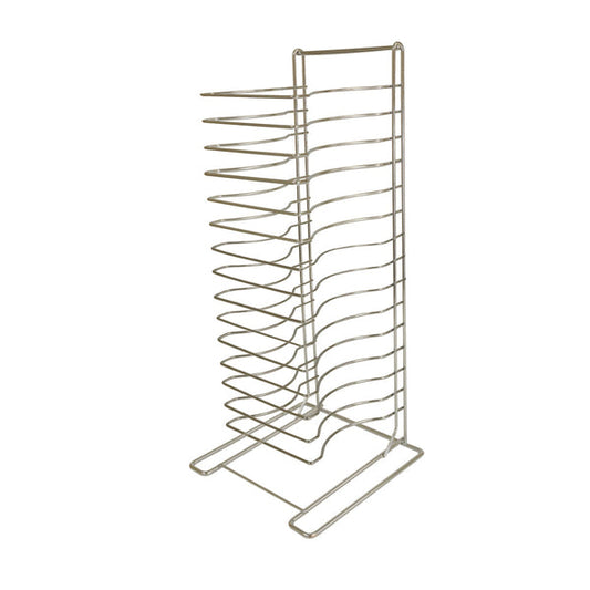 Thunder Group 15-Tier Pizza Pan Rack is a high-quality pizza pan rack designed for commercial kitchens and pizzerias, crafted to handle high-volume operations efficiently. With dimensions of 12 inches in length, 12 inches in width, and 27-3/4 inches in height, this rack features 15 tiers, providing ample space to organize and store multiple pizza pans simultaneously. The welded construction ensures durability and stability, making it suitable for heavy use in busy environments.