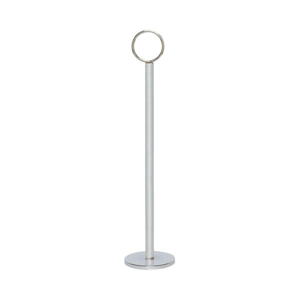 Thunder Group Table Card Holder is designed with a sleek chrome finish, this table card holder is an essential accessory for hotels, restaurants, and catering services aiming to present their menus or table numbers with elegance. Measuring 14 1/2 inches in overall length, with a sturdy 2 1/4 inch diameter base for optimal stability, it features a 13 1/4 inch pole and a 1 1/4 inch diameter ring to securely display your table numbers, menus, or any other carded information clearly and visibly.