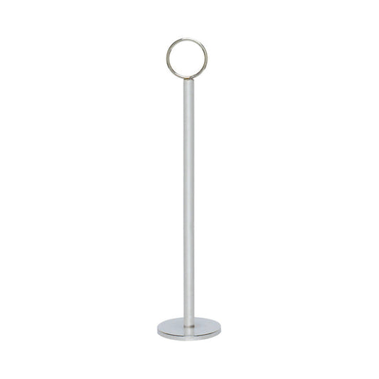 Thunder Group Table Card Holder is designed with a sleek chrome finish, this table card holder is an essential accessory for hotels, restaurants, and catering services aiming to present their menus or table numbers with elegance. Measuring 14 1/2 inches in overall length, with a sturdy 2 1/4 inch diameter base for optimal stability, it features a 13 1/4 inch pole and a 1 1/4 inch diameter ring to securely display your table numbers, menus, or any other carded information clearly and visibly.
