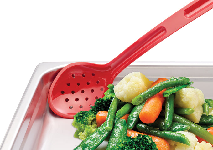 Winco CVSS-13K to CVPS-15K 13 & 15" Clear/Black/Red Perforated and Solid PC Curve Serving Spoon