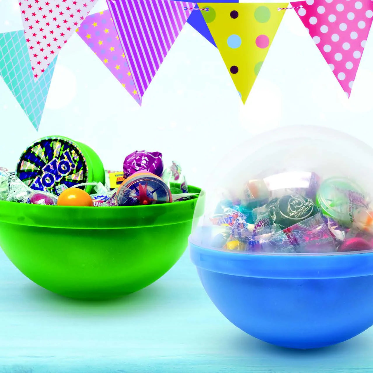 Colorful candy ball containers in blue, green, orange, purple, and red with a clear lid. Perfect for storing sweets, gumballs, and treats at parties, weddings, and candy buffets.