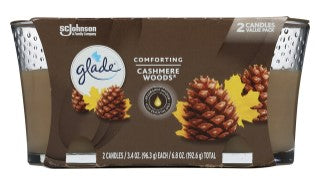 Two Glade Cashmere Woods scented candles in glass jars, 3.4 oz each, with a warm, soft wood fragrance.