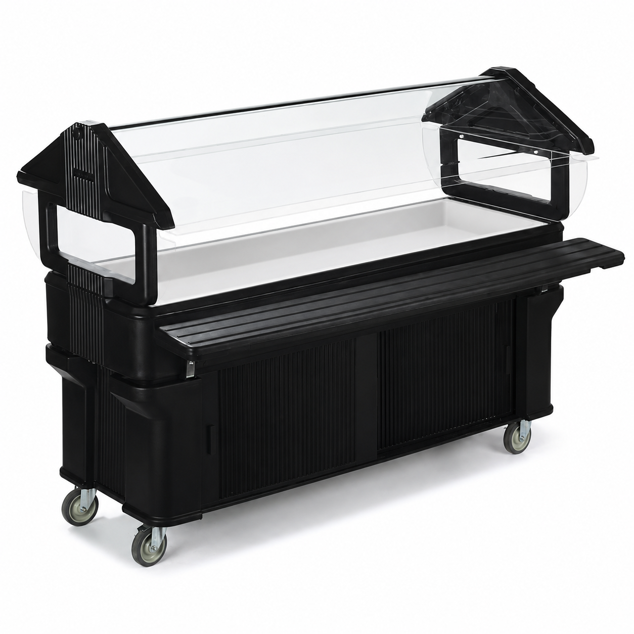 Serve and organize with the 6 x 2 x 4.2 Foot Black Six Star Portable Food Bar with Storage 661103. Features concealed sliding door storage, acrylic shields, insulated construction, swivel casters and flexible food pan configurations.