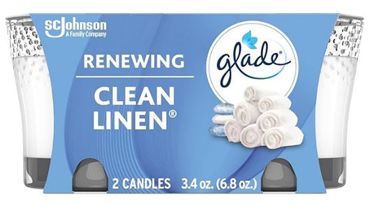 Two Glade Clean Linen scented candles in glass jars, 3.4 oz each, with a fresh, airy fragrance.