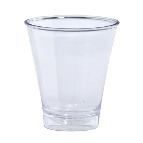 Clear 5oz double shot glass, perfect for serving whiskey, vodka, tequila, and cocktails at bars, weddings, and parties. Durable, shatter-resistant, and reusable drinkware.