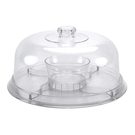 Clear 6-in-1 plastic server with a 3-piece design, ideal for serving cakes, salads, punch, and more at parties, buffets, and events with a stylish and functional presentation.