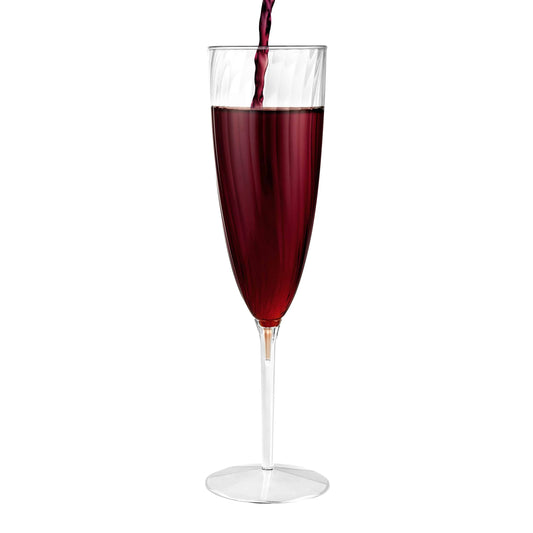 Clear 6oz champagne flute with a durable 1-piece design, perfect for weddings, celebrations, and events, offering an elegant and shatterproof alternative to traditional glassware.