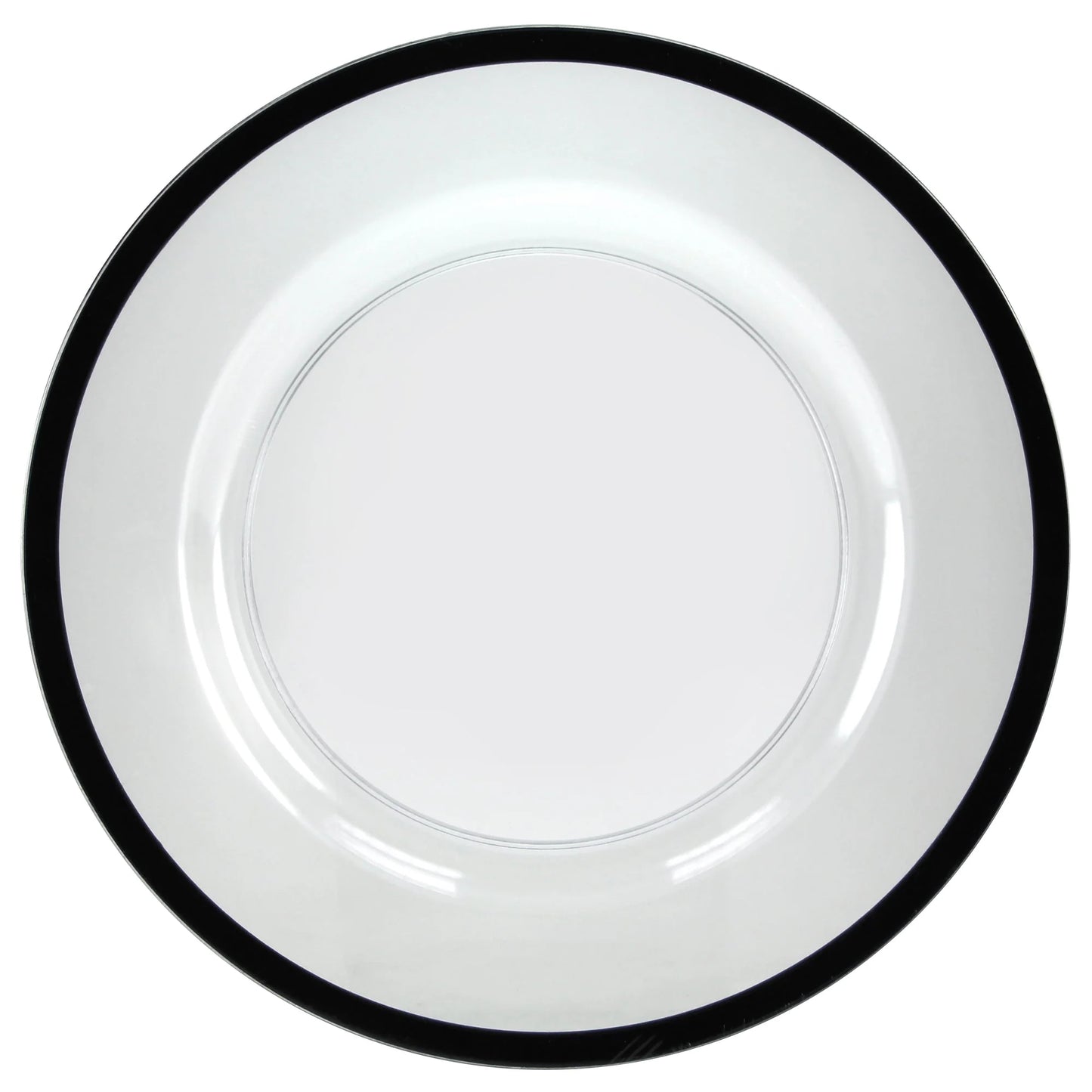 13-inch plate chargers with Black/Gold, Pearl/Gold, Clear/Gold, Clear/Silver, and Clear/Black rim options for weddings, events, and formal dining
