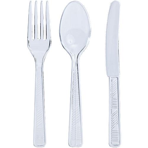 Sturdy plastic cutlery set in clear and white, including a fork, spoon, and knife. Durable, disposable, and perfect for catering, parties, takeout, picnics, and everyday use with hot or cold foods.