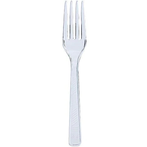 Sturdy plastic forks in clear and white. Perfect for parties, catering, takeout, and everyday use. Durable, disposable, and ideal for hot or cold foods at any event or gathering.