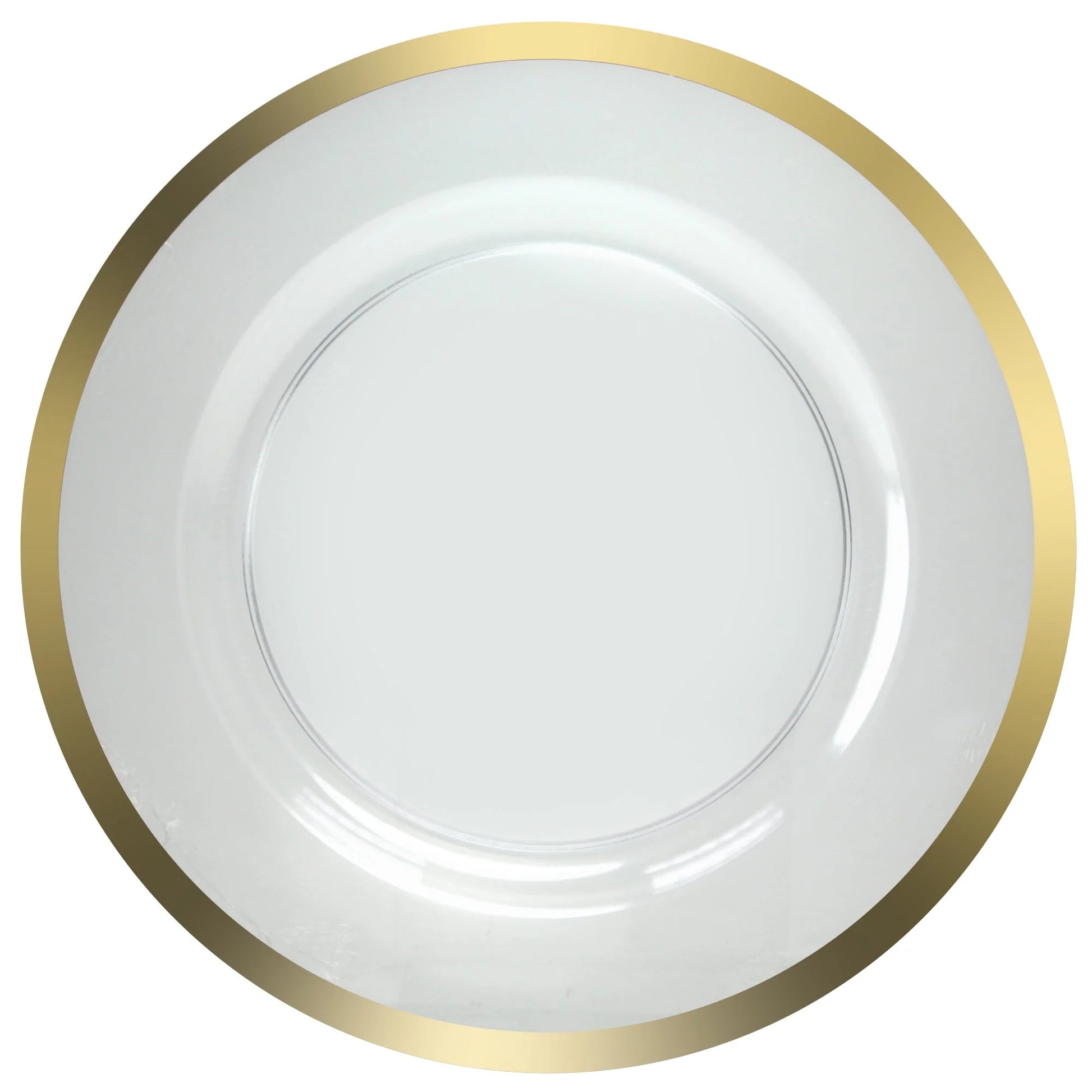 13-inch plate chargers with Black/Gold, Pearl/Gold, Clear/Gold, Clear/Silver, and Clear/Black rim options for weddings, events, and formal dining