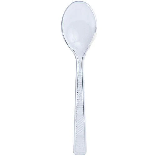 Sturdy plastic soup spoons in clear and white. Ideal for soups, stews, and desserts. Durable, disposable, and perfect for catering, parties, takeout, and everyday use with hot or cold foods.