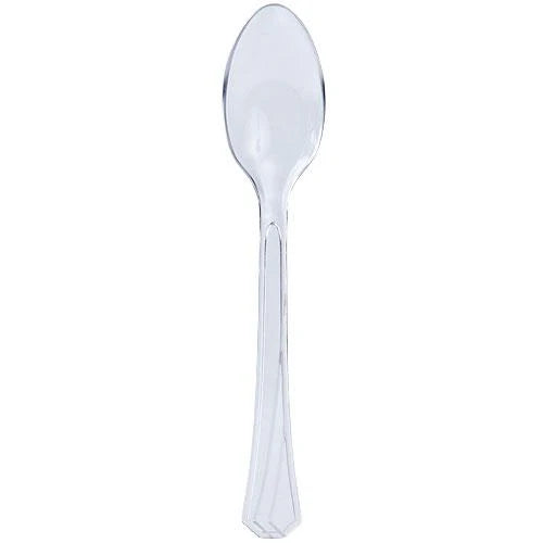Clear plastic cutlery with forks, knives, soup spoons, and teaspoons. Durable, disposable, and stylish—perfect for parties, weddings, picnics, and events. Ideal for easy and hassle-free dining.