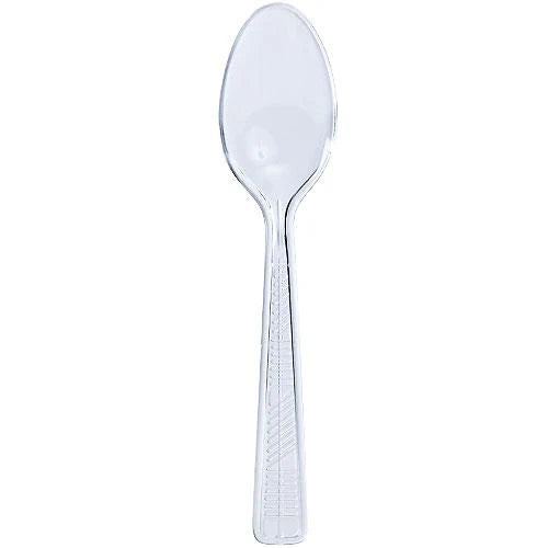 Sturdy plastic tea spoons in clear and white. Ideal for tea, coffee, and desserts. Durable, disposable, and perfect for catering, parties, takeout, and everyday use with hot or cold foods.