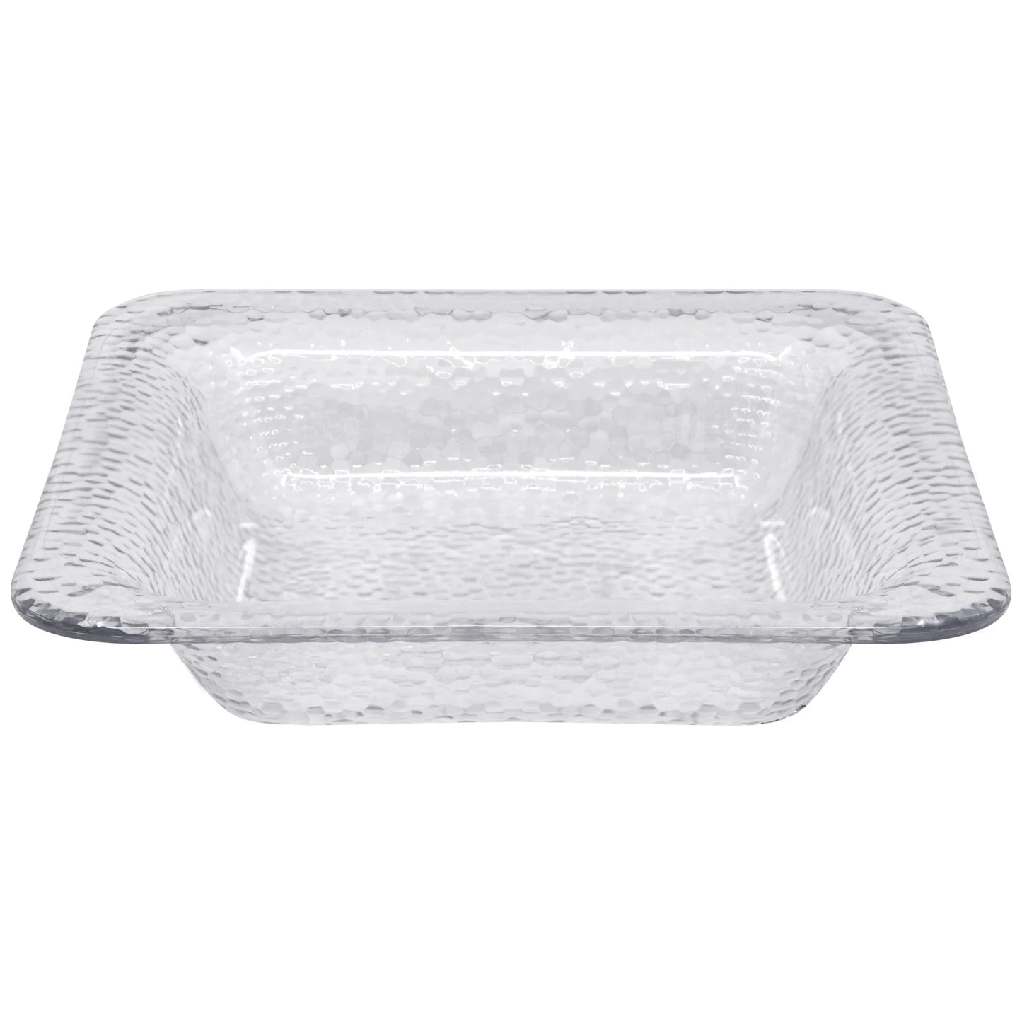 A stylish 112 oz. clear hammered square bowl with a textured surface, ideal for serving large portions of salads, fruits, or snacks at events, family gatherings, or buffet tables.