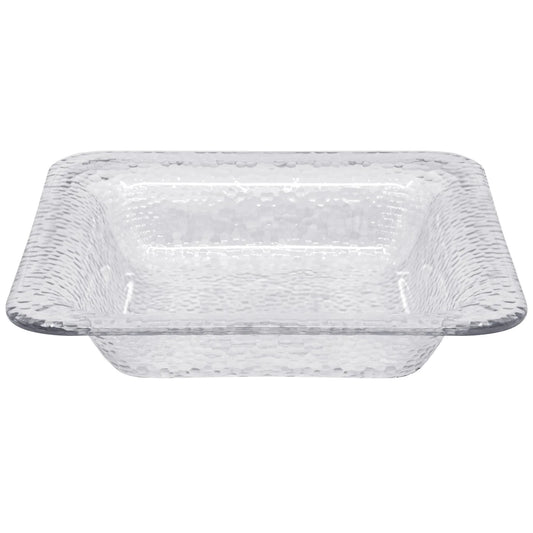A stylish 112 oz. clear hammered square bowl with a textured surface, ideal for serving large portions of salads, fruits, or snacks at events, family gatherings, or buffet tables.