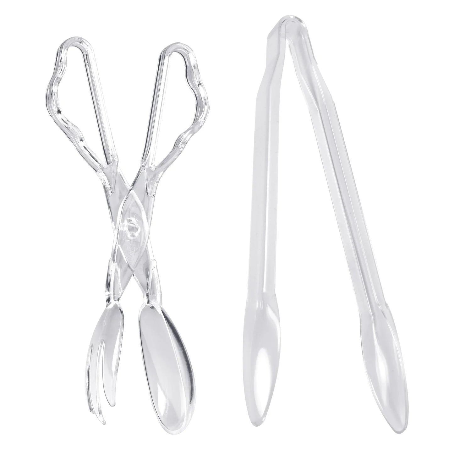 Clear 2-piece tong set with 1 salad tong and 1 serving tong. Durable plastic, elegant design, perfect for buffets, catering, parties, and everyday use.