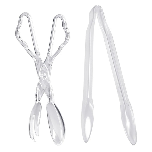 Clear 2-piece tong set with 1 salad tong and 1 serving tong. Durable plastic, elegant design, perfect for buffets, catering, parties, and everyday use.