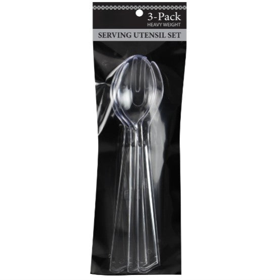 Clear 3-piece serving set with 2 spoons and 1 fork. Durable, elegant, and perfect for buffets, catering, parties, and special occasions.