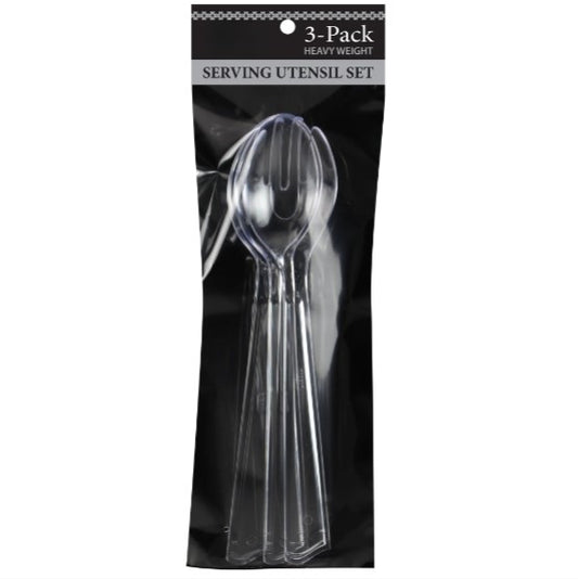 Clear 3-piece serving set with 2 spoons and 1 fork. Durable, elegant, and perfect for buffets, catering, parties, and special occasions.