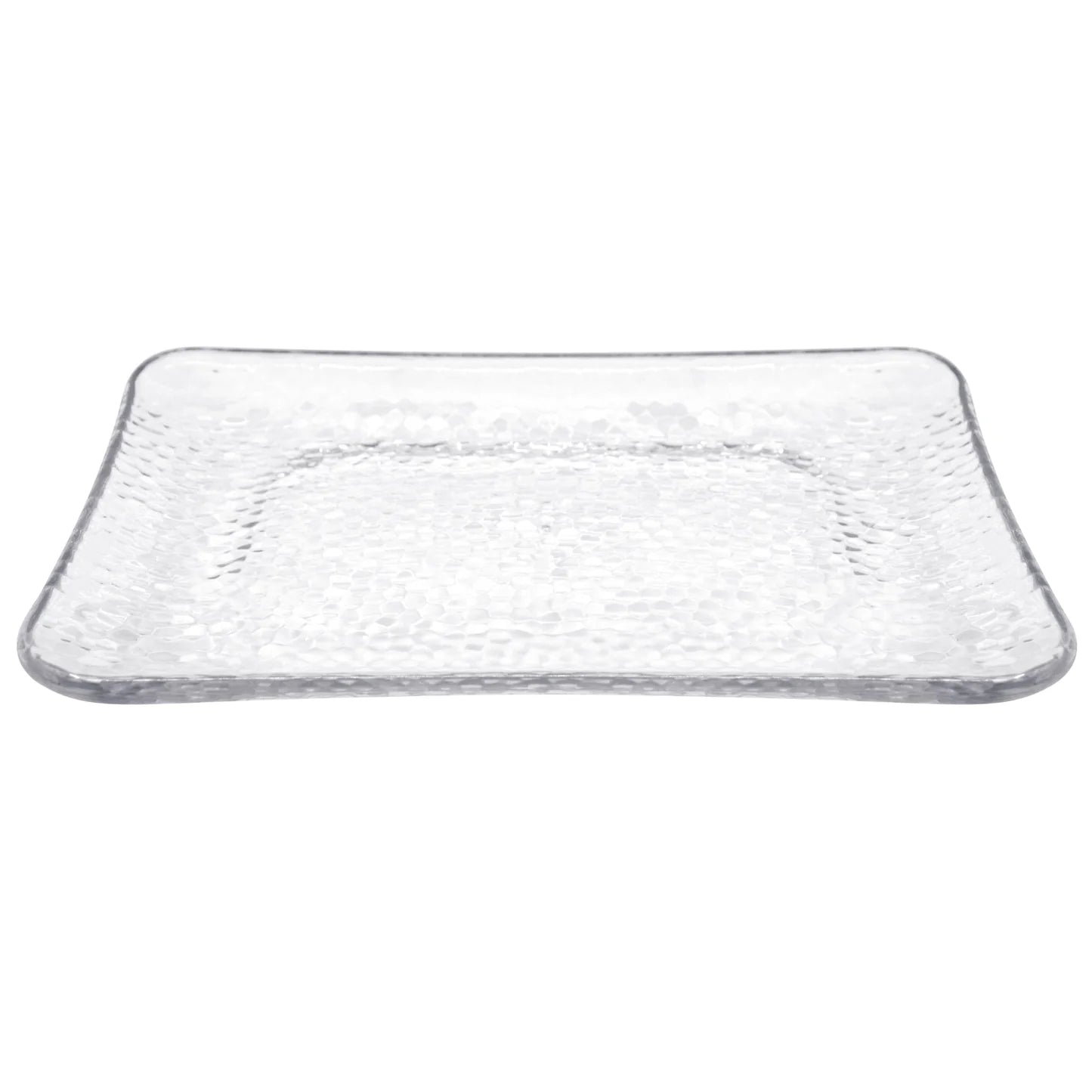 A stylish 8.5" x 12.75" clear hammered tray with a textured surface, perfect for serving appetizers, desserts, or beverages at parties, events, and dining tables.