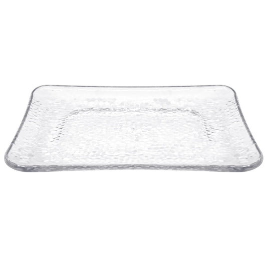 A stylish 8.5" x 12.75" clear hammered tray with a textured surface, perfect for serving appetizers, desserts, or beverages at parties, events, and dining tables.