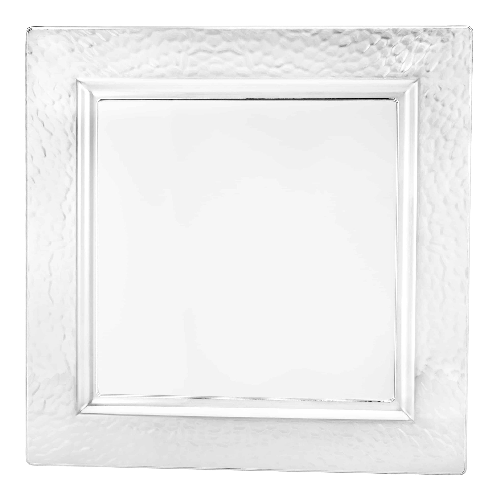 A stylish 12" pebbled square tray with clear and pearl tones, featuring a textured surface, perfect for elegantly serving appetizers, desserts, or drinks at events and gatherings.