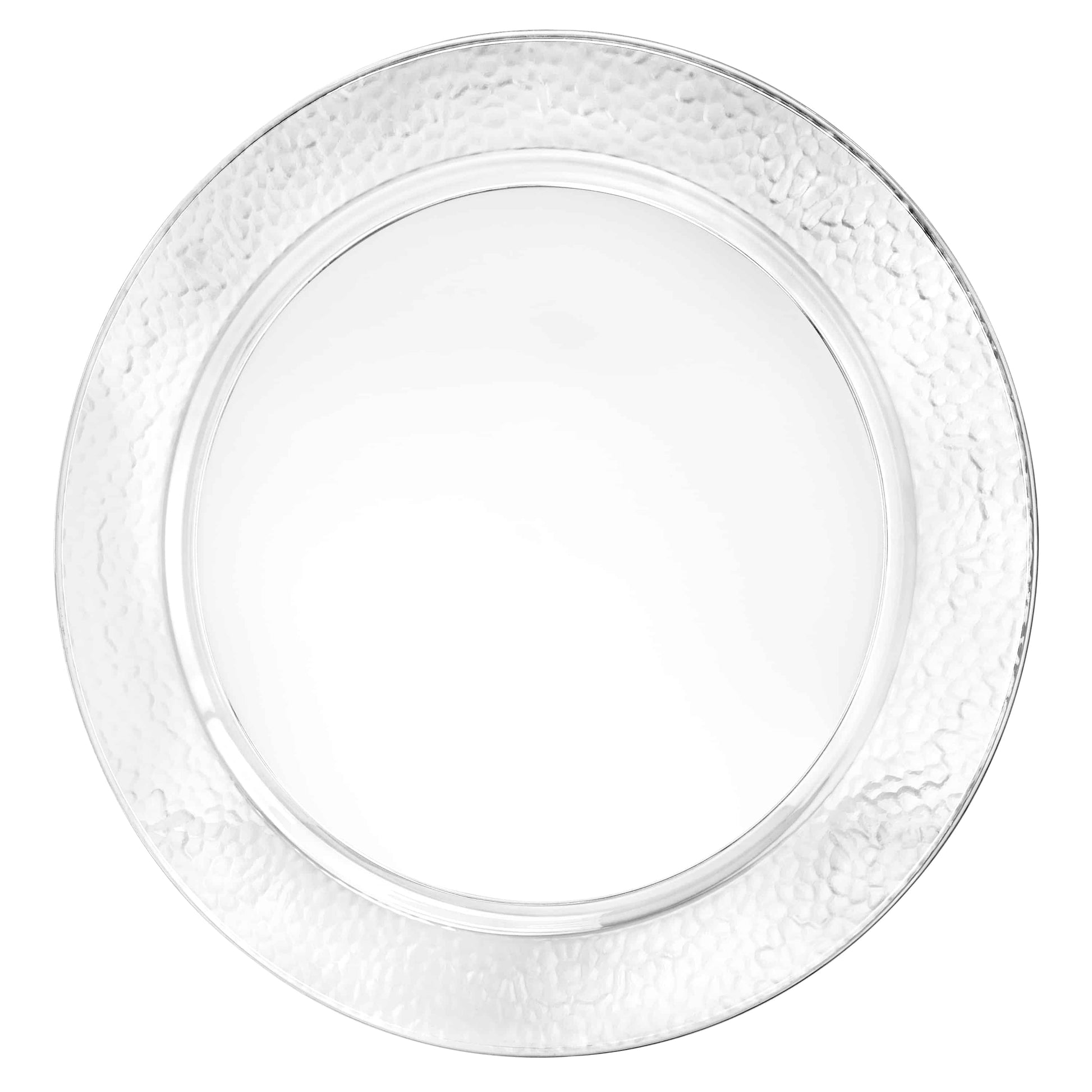 A beautiful 13.5" pebbled round tray featuring clear and pearl tones with a textured surface, ideal for serving appetizers, desserts, or drinks at gatherings and events.