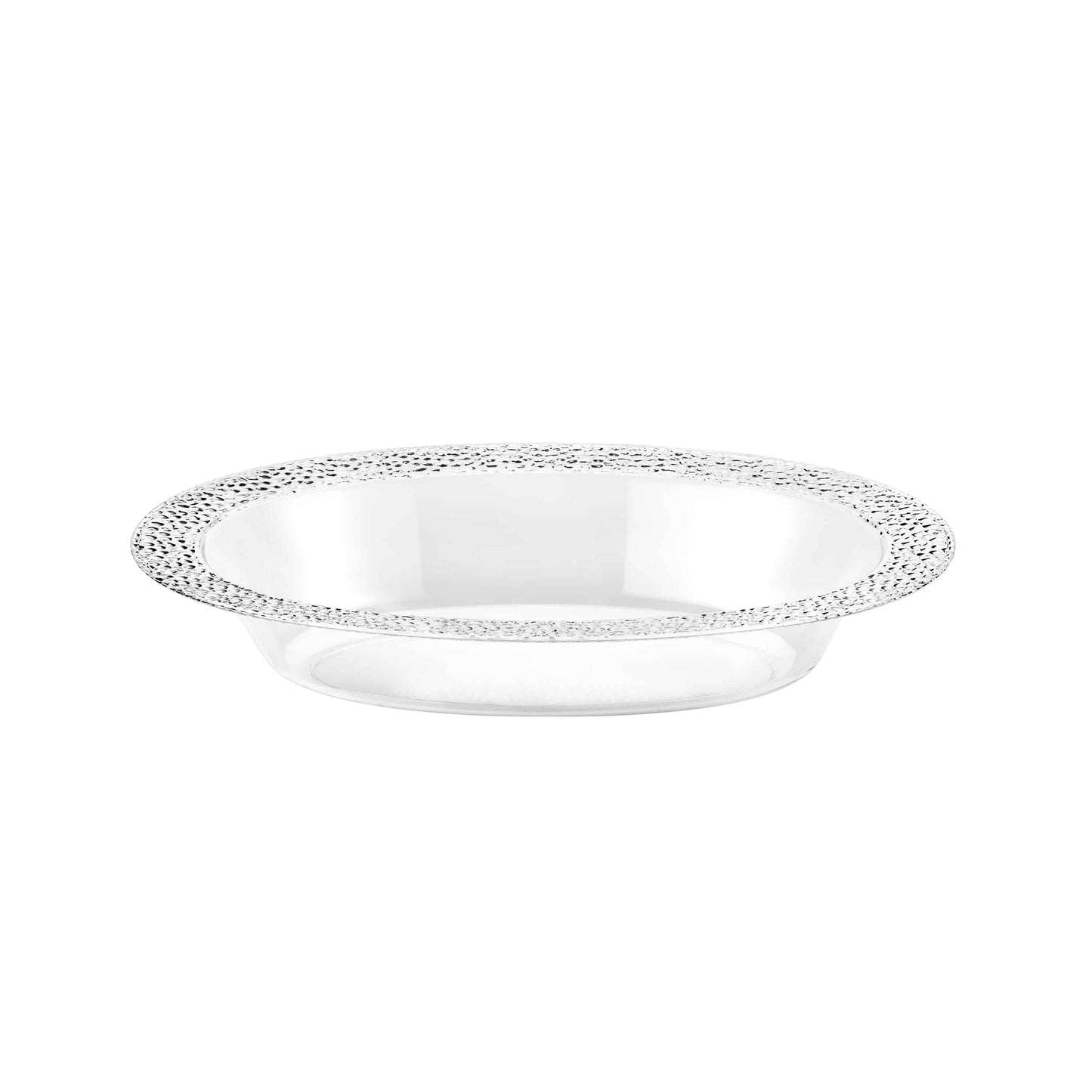 A stylish 15 oz. pebbled oval bowl in clear and pearl tones with a textured surface, perfect for serving salads, fruits, desserts, or snacks at dining tables and events.