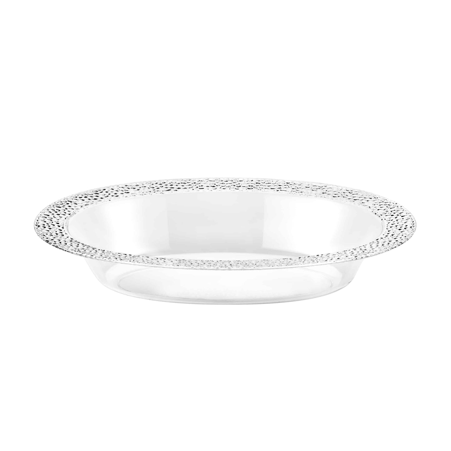 A stylish 32 oz. pebbled oval bowl with clear and pearl tones, featuring a textured surface, ideal for serving salads, fruits, or snacks at family meals or special events.