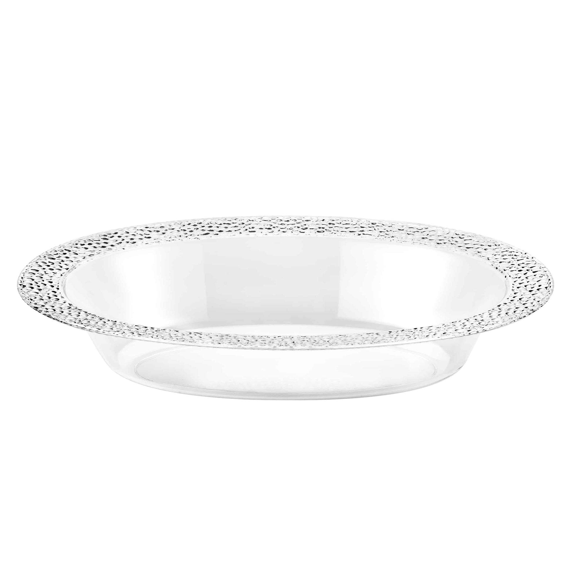 A stylish 48 oz. pebbled oval bowl in clear and pearl tones with a textured surface, perfect for serving large portions of salads, fruits, or snacks at meals and events.