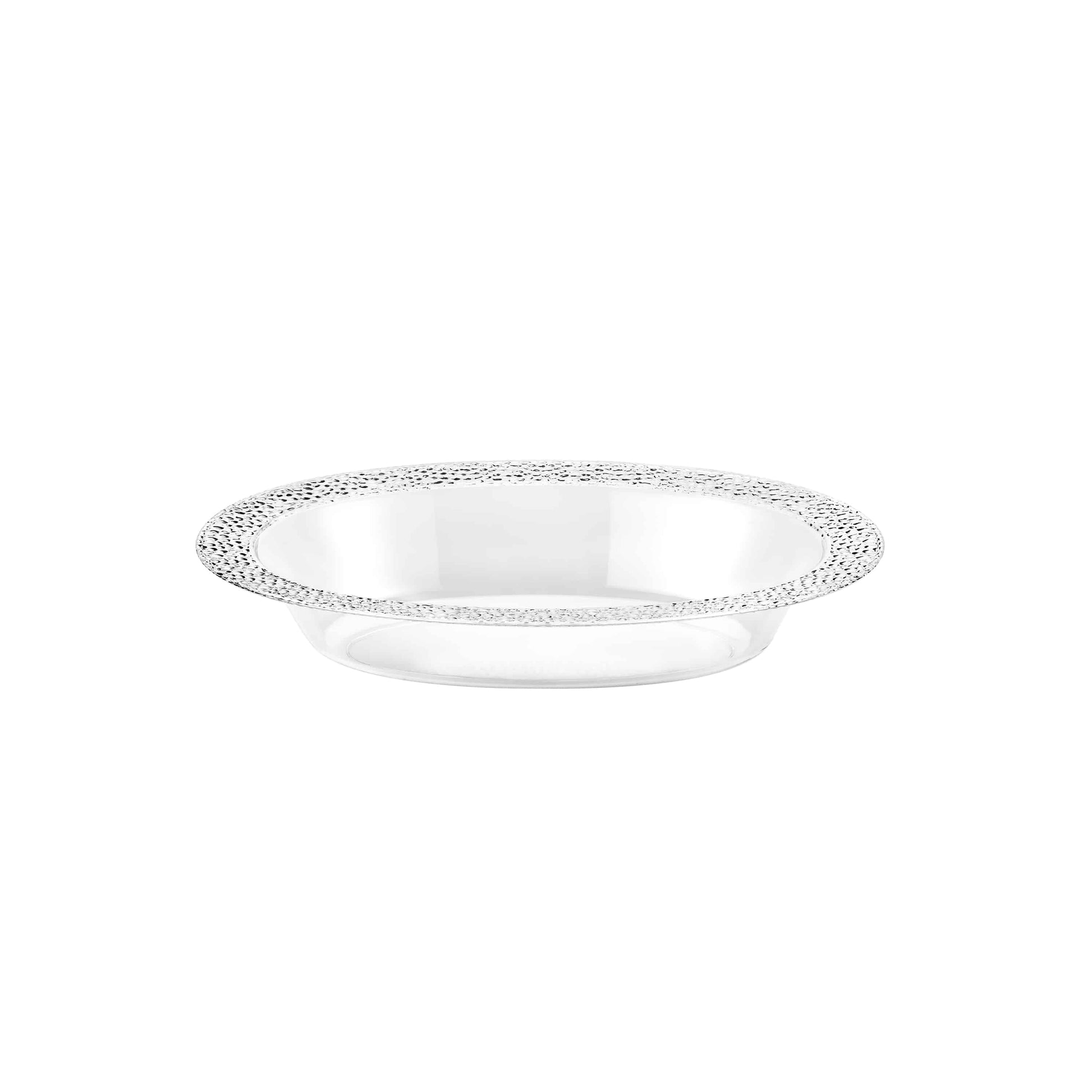 A beautiful 7 oz. pebbled oval bowl featuring clear and pearl tones with a textured surface, ideal for serving dips, desserts, or snacks at dining tables and events.