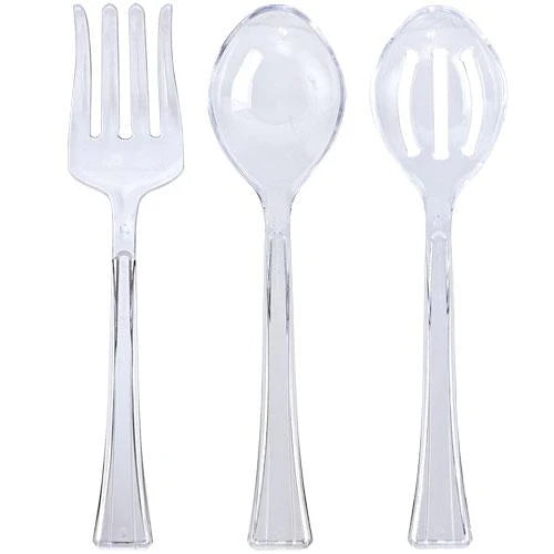 3-piece serving set featuring a salad fork, serving spoon, and slotted spoon in Clear, Pearl, and Black. Durable, lightweight, and elegant for special events or everyday dining.