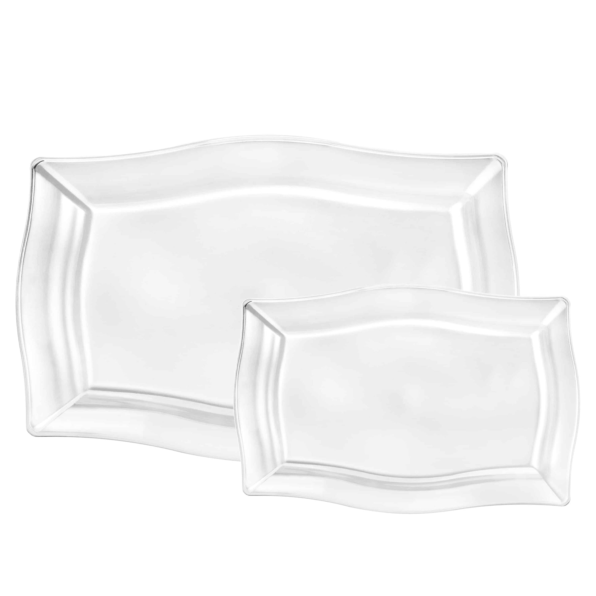 Fluted Tray Combo Set with 3 large and 3 small rectangular trays, available in clear and pearl finishes, featuring stylish fluted edges for elegant food presentation.