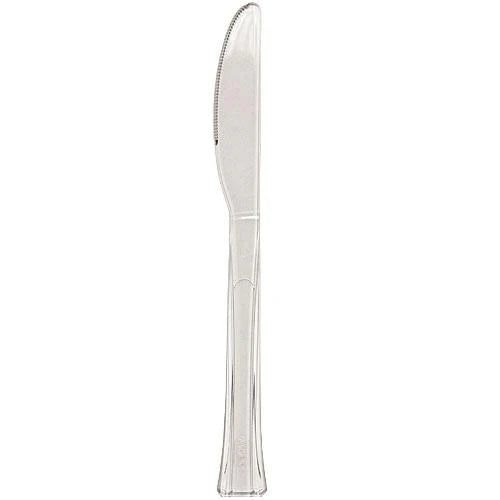 Premium disposable knives in Clear, Silver, Pearl, Gold, and Sahara—durable, stylish, and food-safe, perfect for catering, weddings, and elegant events.