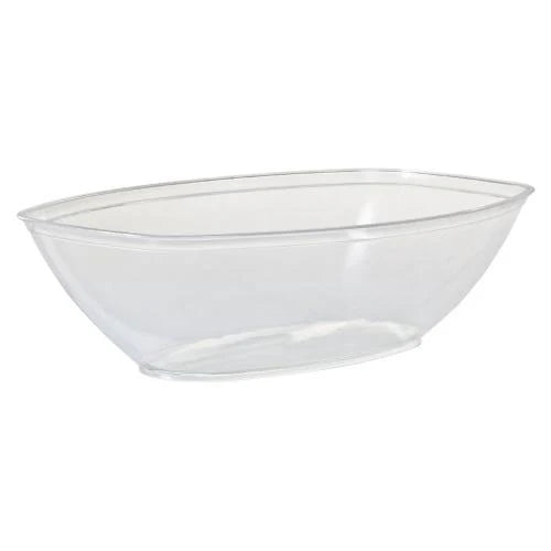 Oval Luau Bowl in Clear, White, Gold & Black. Durable plastic serving bowl for parties, luaus, and events. Ideal for serving snacks, salads, pasta, and tropical fruits. Stylish and convenient for entertaining.