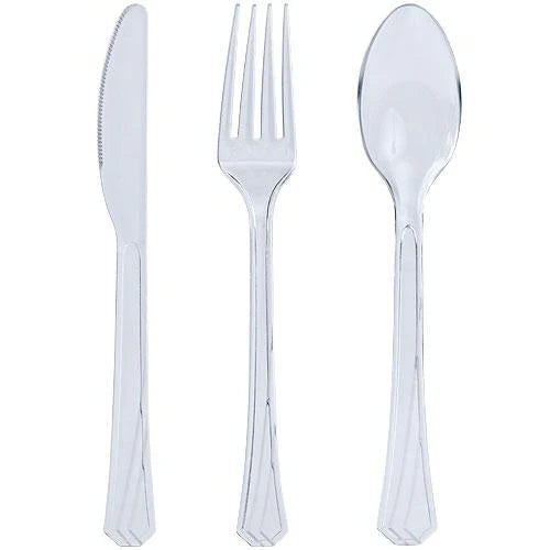 Plastic cutlery combo set with forks, knives, and spoons in Clear, Pearl, Yellow, Pink, Hydrangea, Light Blue, Silver, Gold, Island Blue, Red, Orange, Blue, Black, Hot Pink & Lime Green.