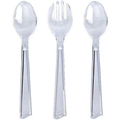 Clear Plastic Serving Set – Includes 1 fork & 2 spoons. Perfect for catering, weddings, buffets, and parties. Durable, elegant, and disposable for effortless serving of salads, pasta, and side dishes.