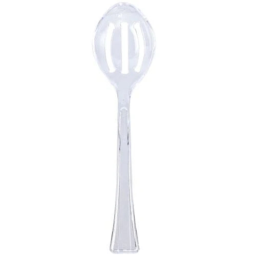 Clear, Pearl, and Black slotted serving spoon ideal for draining and serving food at events, weddings, or casual dining, offering durability and an elegant design.