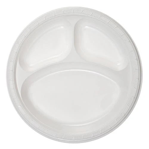 Club Pack 10" white plastic compartment plates, durable disposable plates for parties, BBQs, and catering. Multiple sections for easy meal serving and portion control.