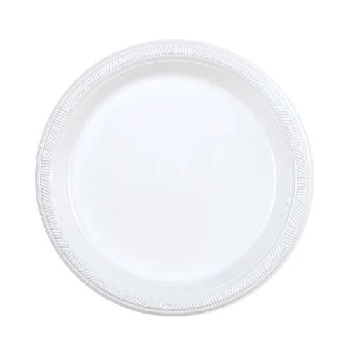 7-inch white plastic plates in a bulk club pack. Durable and disposable, ideal for desserts, appetizers, parties, catering, BBQs, weddings, and events. Sturdy design for easy dining. Eco-friendly and recyclable.