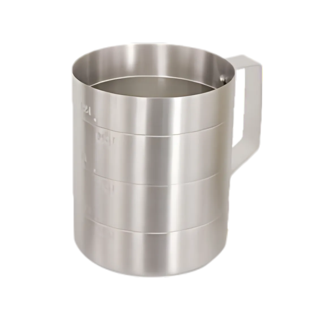stainless steel 1/2-quart dry measuring cup stanton trading with a sturdy handle and clearly marked measurement lines in liters and quarts. The cup has a cylindrical shape and a brushed metal finish, designed for precise dry ingredient measurements.