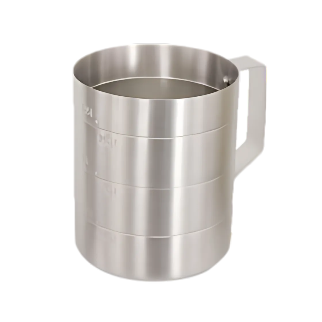 stainless steel 2-quart dry measuring cup stanton trading with a sturdy handle and clearly marked measurement lines in liters and quarts. The cup has a cylindrical shape and a brushed metal finish, designed for precise dry ingredient measurements.