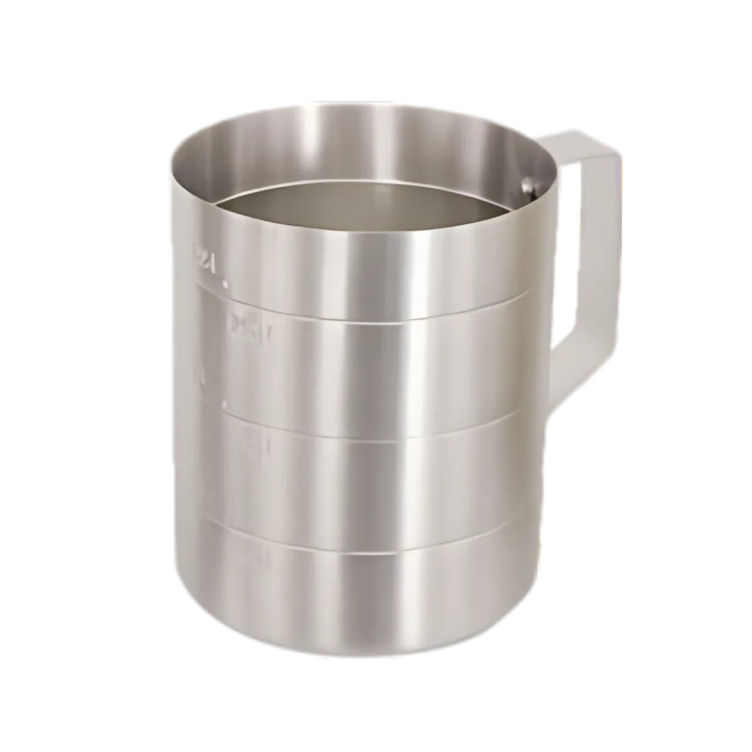 stainless steel 4-quart dry measuring cup stanton trading with a sturdy handle and clearly marked measurement lines in liters and quarts. The cup has a cylindrical shape and a brushed metal finish, designed for precise dry ingredient measurements.