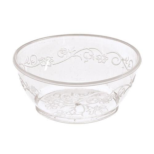 D'Vine clear plastic bowls in 6oz and 10oz sizes, perfect for serving soups, salads, and desserts at weddings, banquets, and elegant events. Durable and stylish disposable dinnerware.