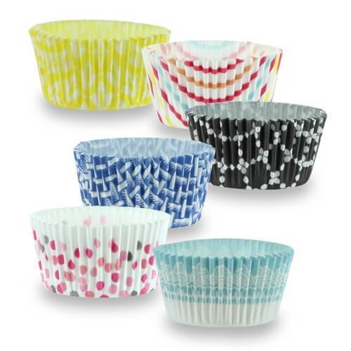 Decorative 2" Assorted Baking Cups – Grease-resistant, stylish liners for cupcakes & muffins. Available in 6 prints, perfect for birthdays, weddings, & celebrations. Oven-safe & disposable.