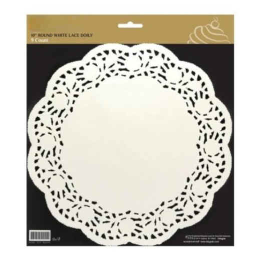10" White Lace Round Doilies – Elegant disposable paper doilies for cakes, desserts & table decor. Perfect for weddings, tea parties & catering. Intricate lace design enhances food presentation.