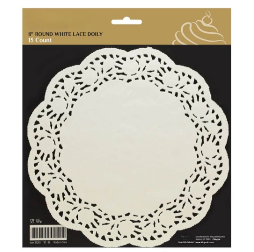 8" White Lace Round Doilies – Decorative disposable paper doilies for cakes, desserts & table decor. Perfect for weddings, tea parties & events. Elegant lace design enhances food presentation.
