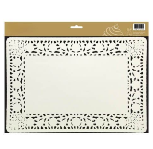 10"x14" White Lace Doily – Elegant disposable rectangle paper doilies for serving trays, cakes, and table decor. Perfect for weddings, tea parties, and catering. Adds a decorative vintage touch.